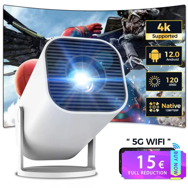 Mini projecteur intelligent 4K Android 12.0 720P natif 1280*720P double WIFI6 BT5.0 Portable extérieur 180 ° Projecteur de faisceau de cinéma rotatif